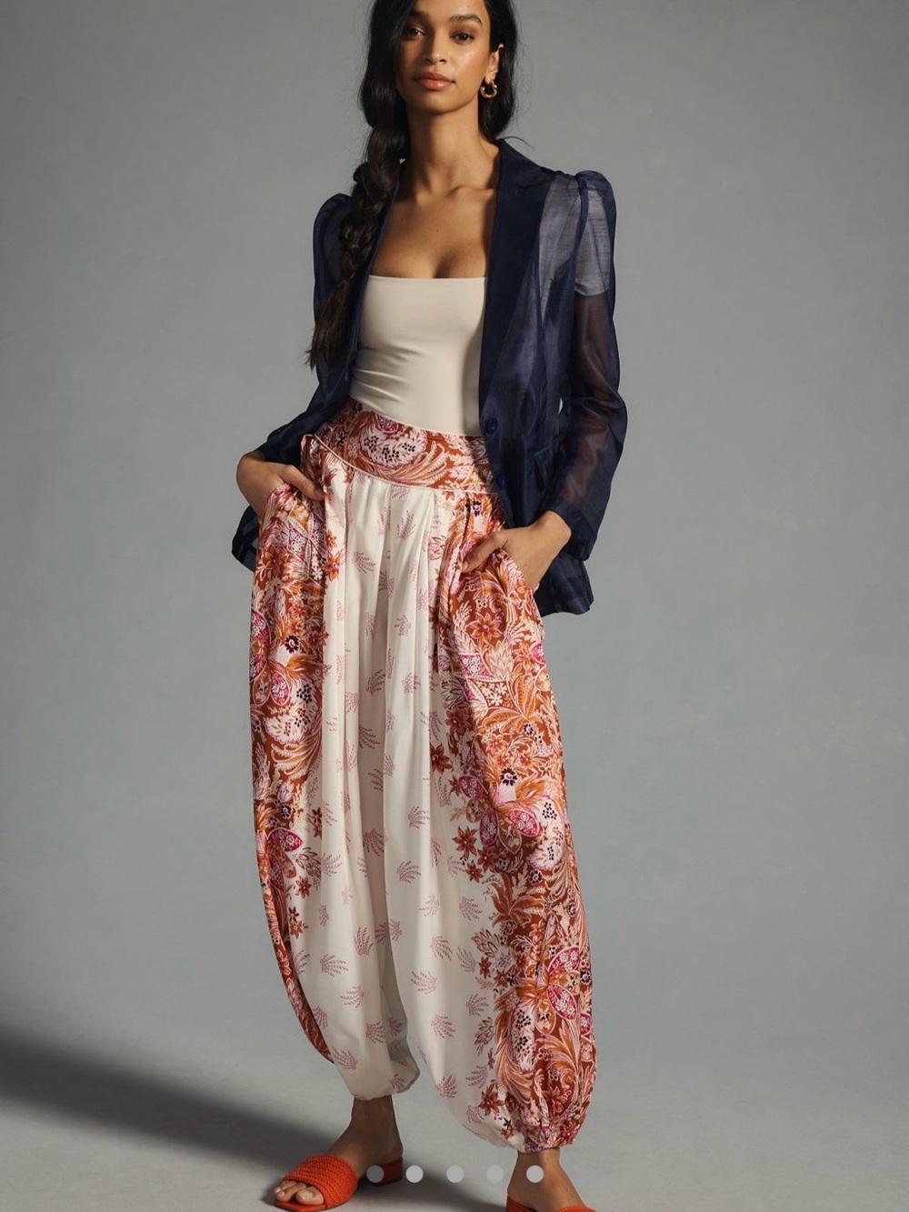 Anthropologie Pleated Balloon Pants Cream with Orange & Pink Floral Print